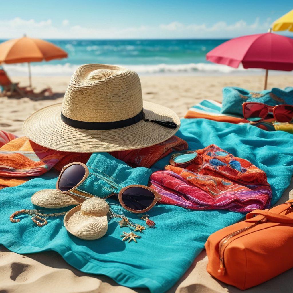 A vibrant beach scene showcasing an array of stylish beach accessories like hats, sunglasses, bags, and jewelry, displayed on a sunny shore with turquoise waves in the background. Include a fashionable individual trying them on, exuding confidence and joy, surrounded by colorful beach towels and umbrellas. The scene captures the essence of summer fashion and relaxation. vibrant colors. super-realistic.