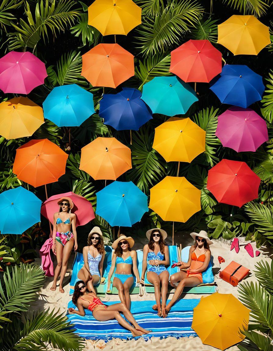A stylish beach scene featuring a diverse group of people in chic bathing suits, lounging under colorful umbrellas, surrounded by tropical plants and bright beach accessories. In the background, merge this with cozy outdoor settings showcasing vibrant, comfy summer wear like oversized shirts and lightweight pants, creating a seamless transition between beach and comfort styles. The image should radiate warmth and summer vibes. vibrant colors. super-realistic.